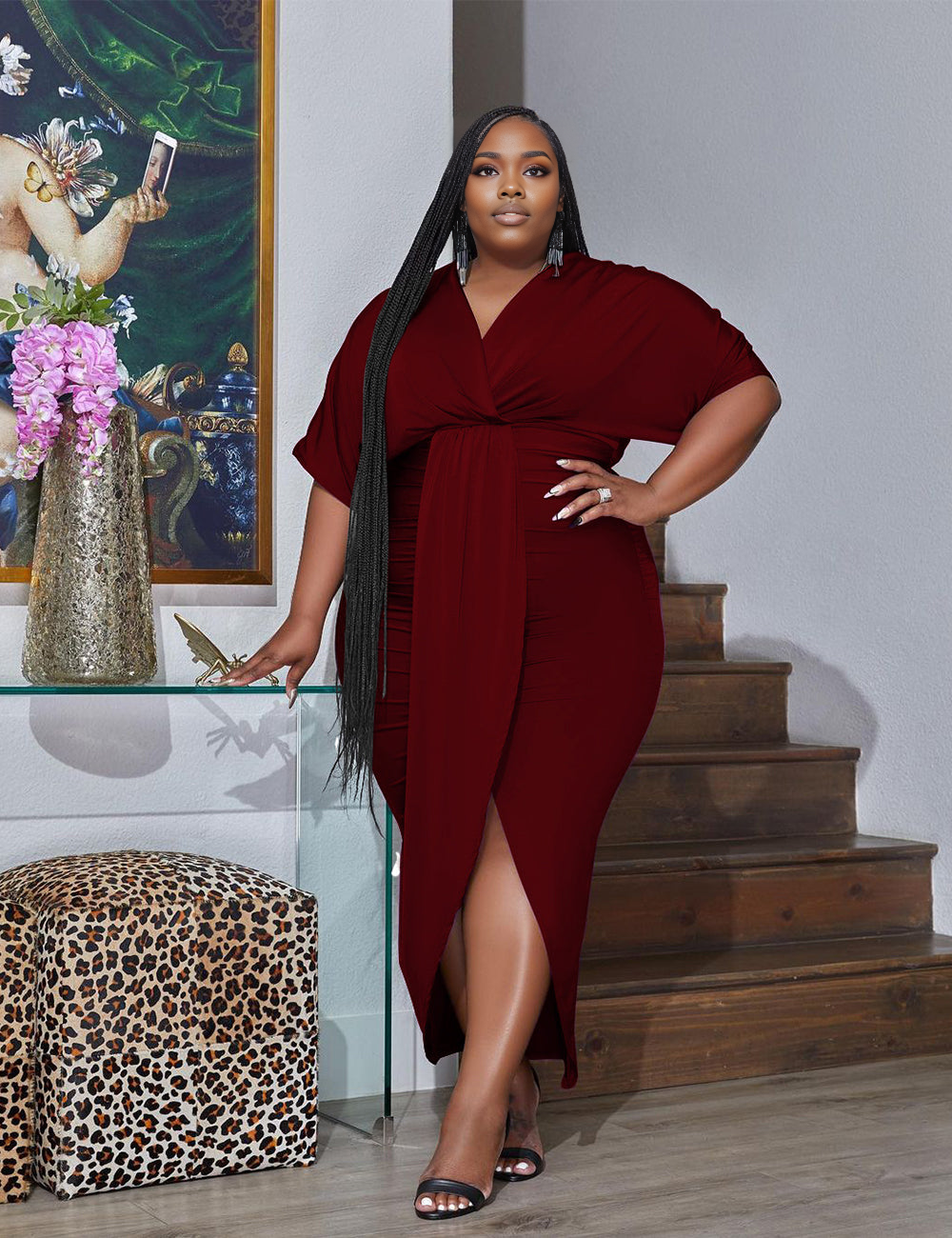 Women Plus Size Urban Style V-neck Wrap Hip Dress-2