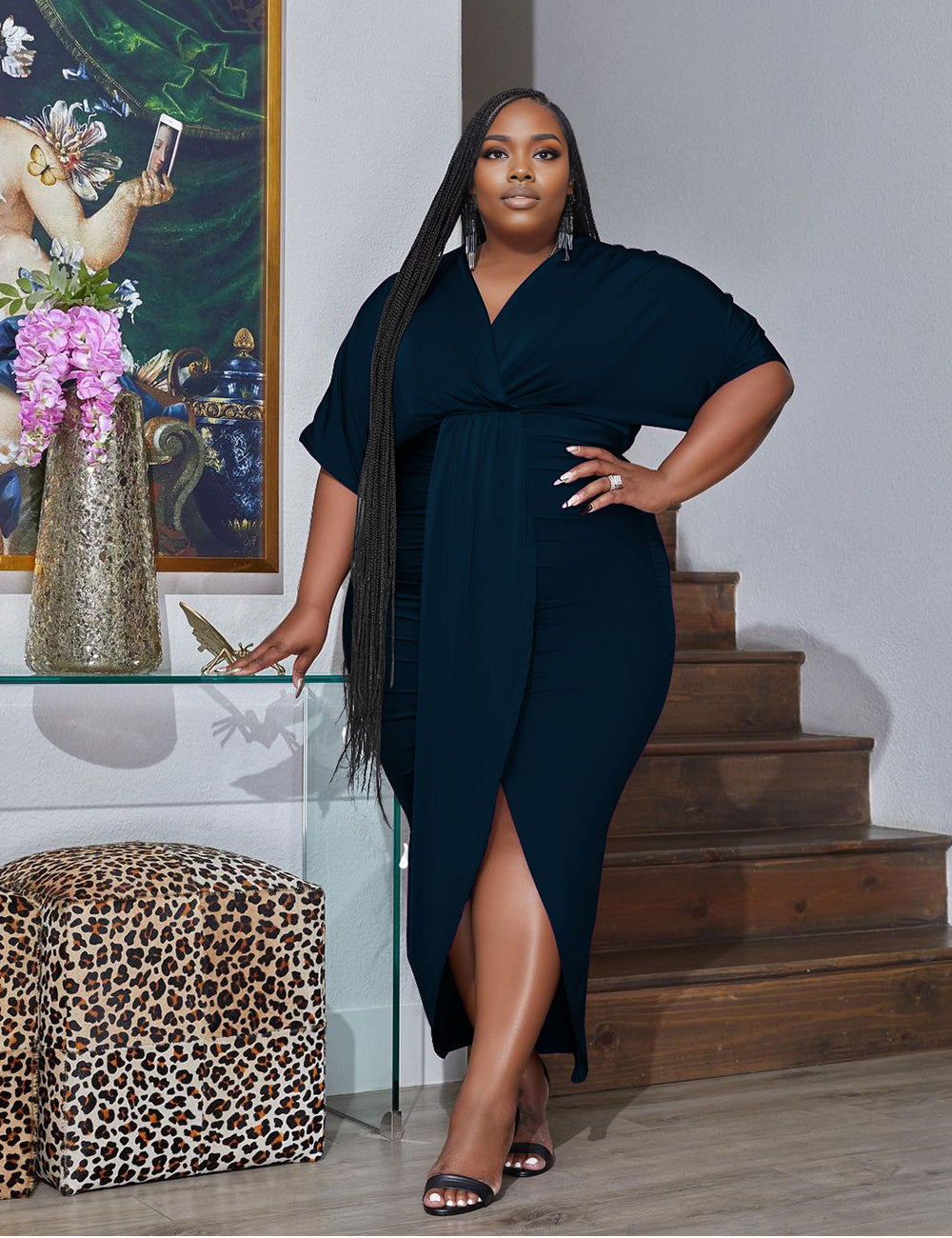 Women Plus Size Urban Style V-neck Wrap Hip Dress-3