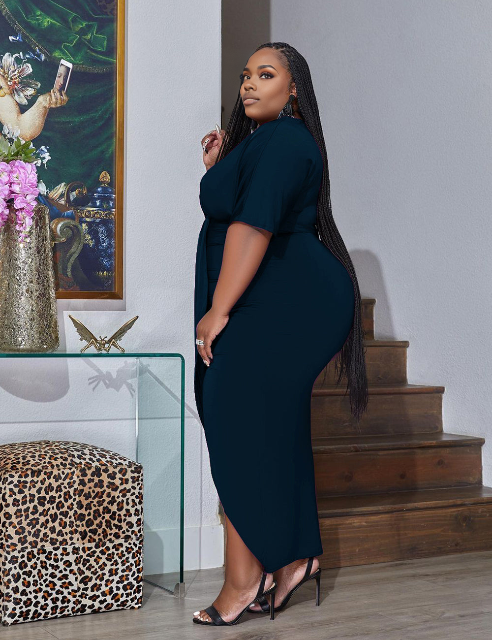 Women Plus Size Urban Style V-neck Wrap Hip Dress-4