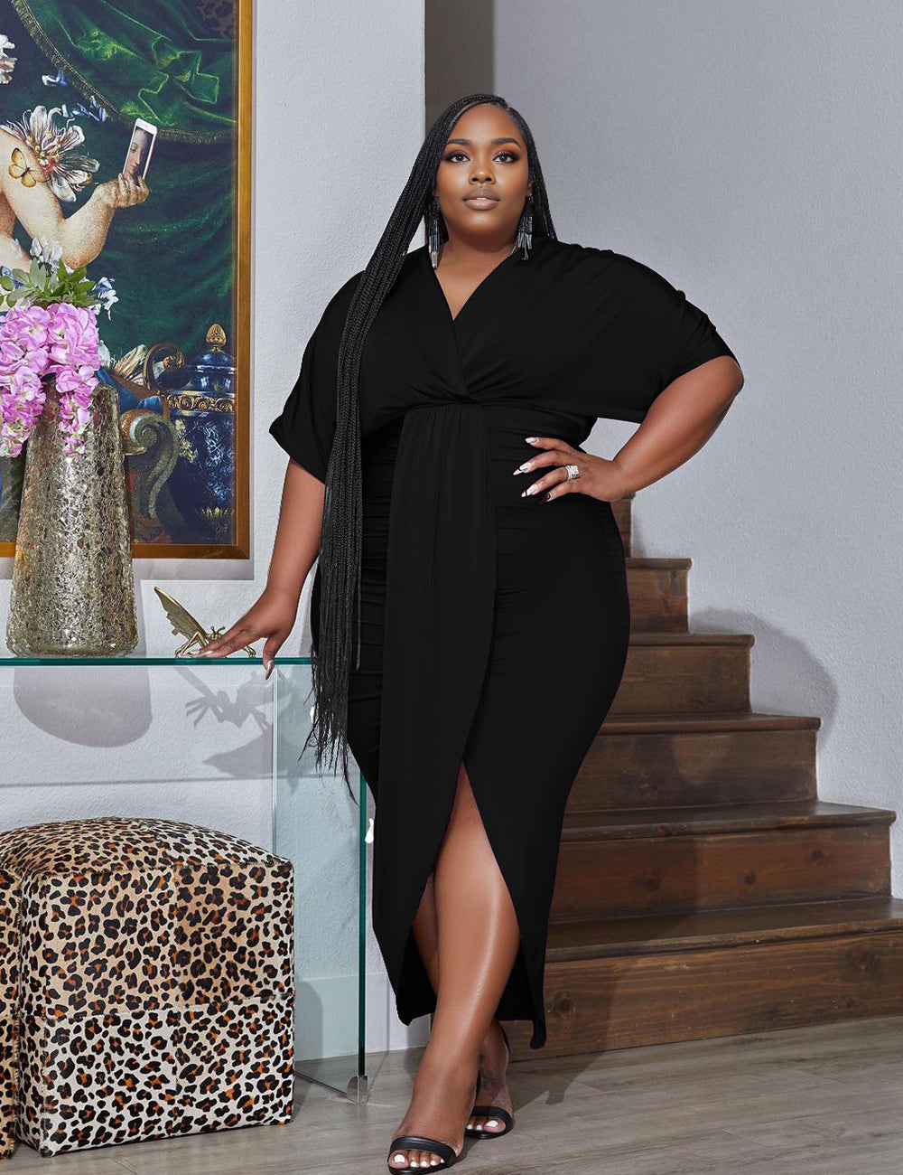 Women Plus Size Urban Style V-neck Wrap Hip Dress-6