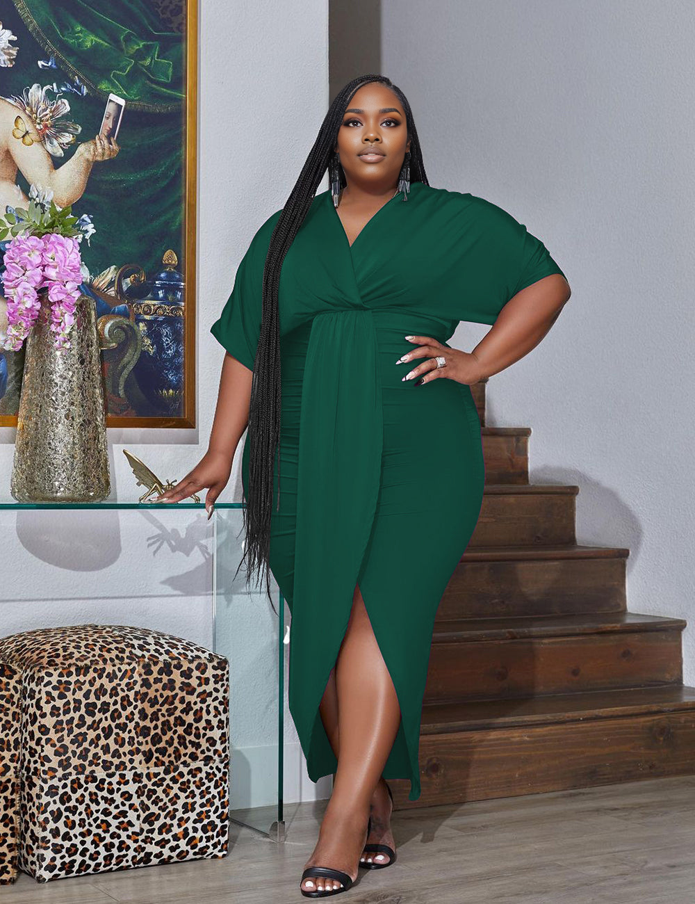 Women Plus Size Urban Style V-neck Wrap Hip Dress