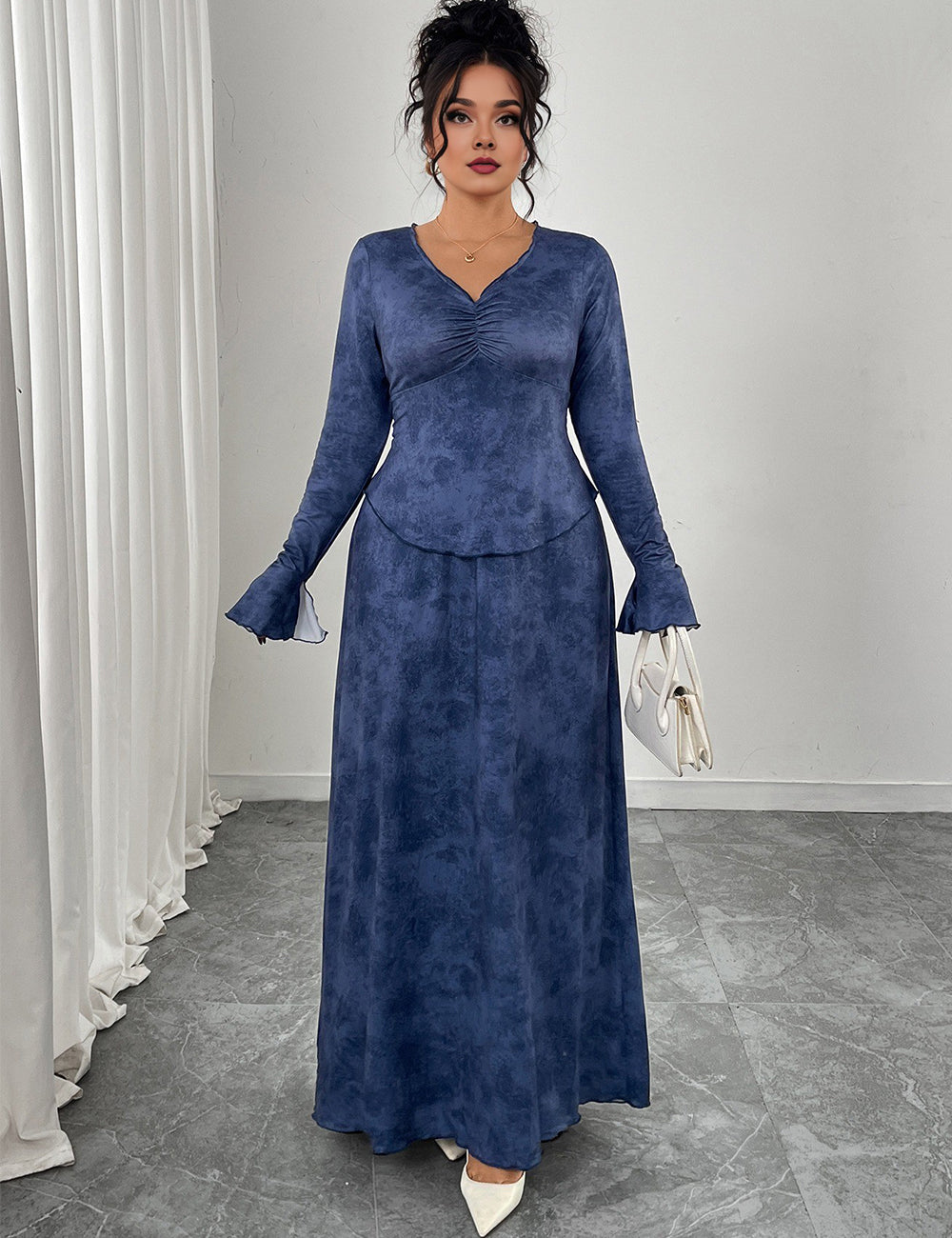 Women Plus Size V-Neck Flare-Sleeve A-Line Maxi Dress