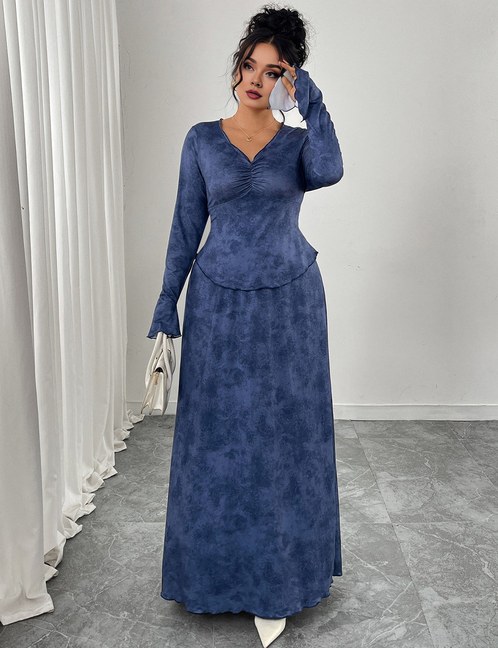 Women Plus Size V-Neck Flare-Sleeve A-Line Maxi Dress