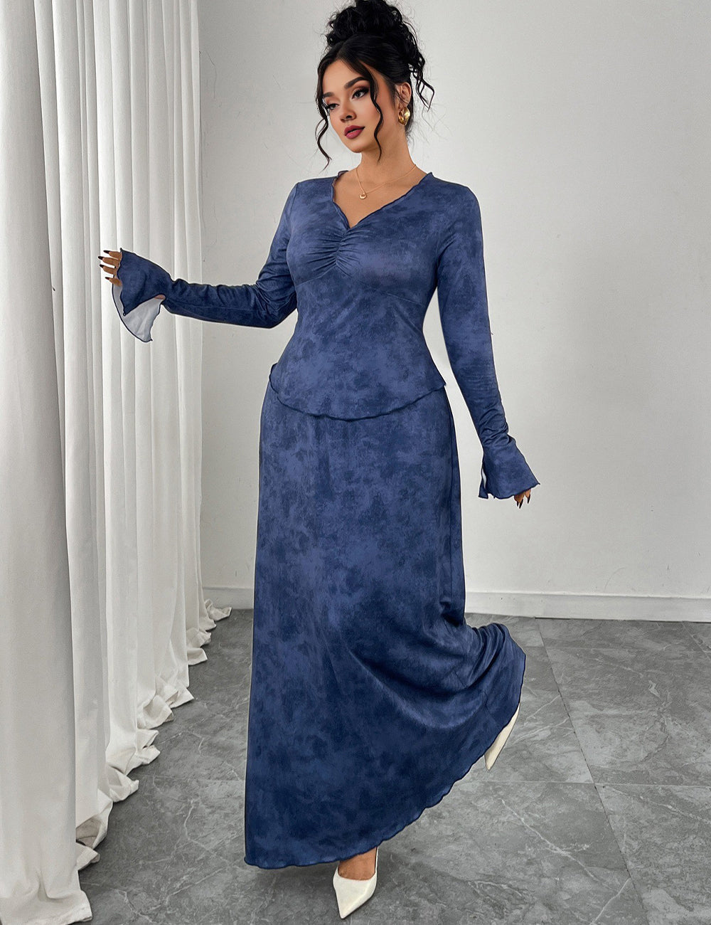 Women Plus Size V-Neck Flare-Sleeve A-Line Maxi Dress