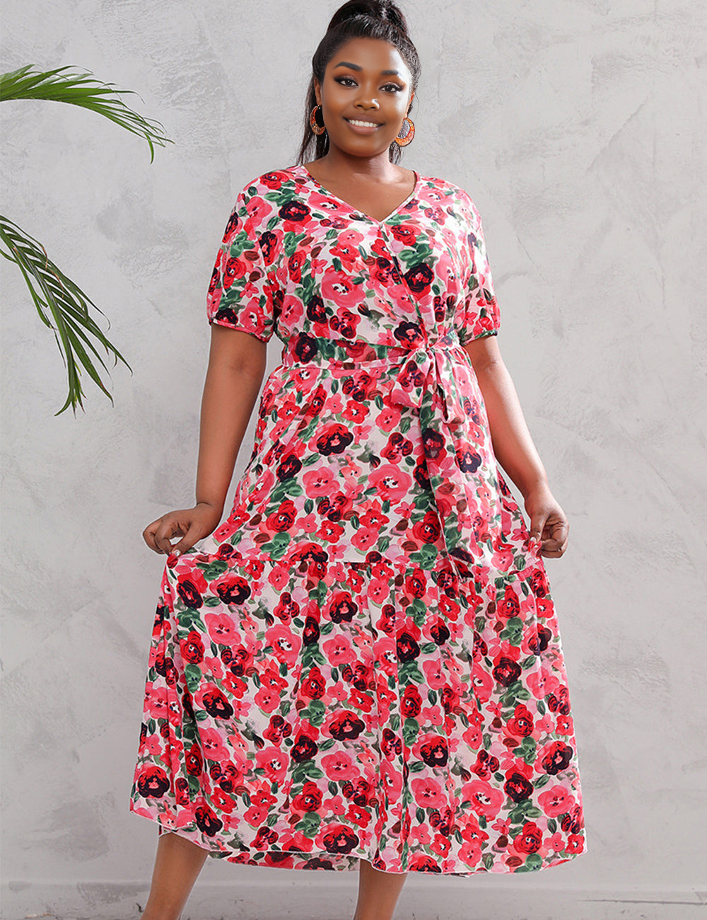 Women Plus Size V-Neck Floral Loose Dress-5