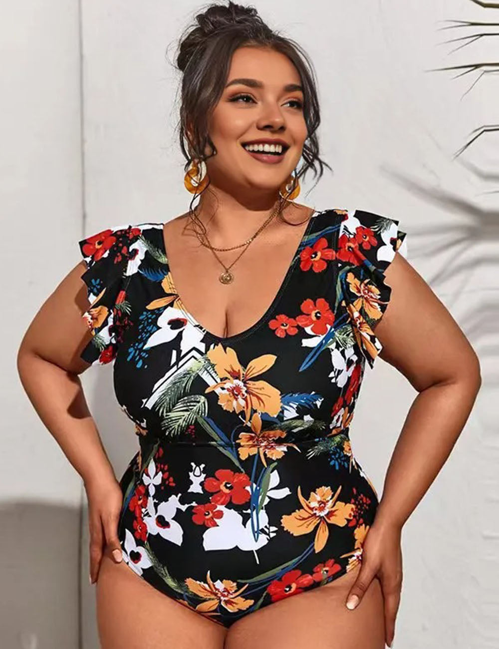 Women_Plus_Size_V-neck_printed_ruffle_sleeves_one-piece_swimsuit_2