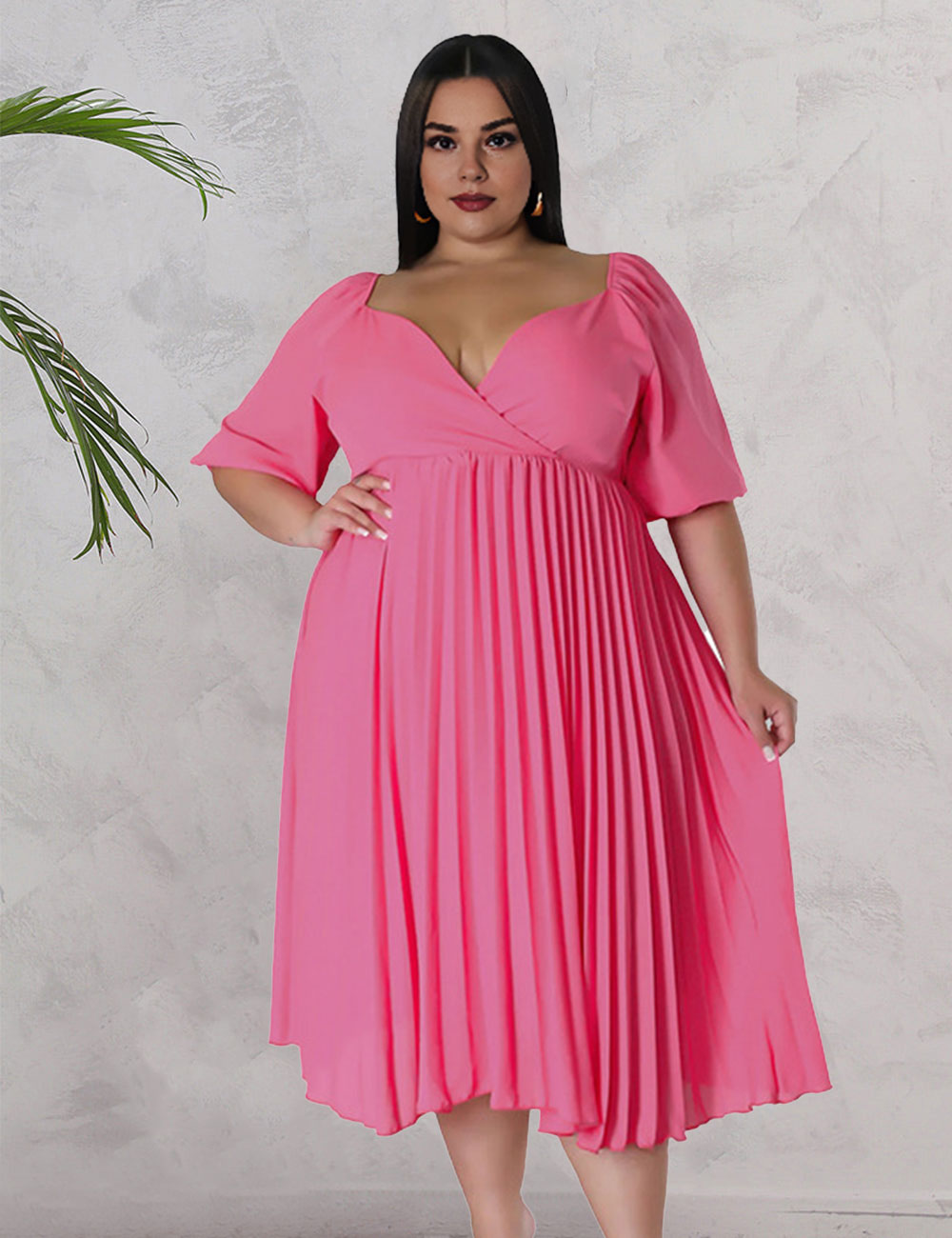 Women Plus Size V Neck Hem Pleated Short Sleeves Dress-2