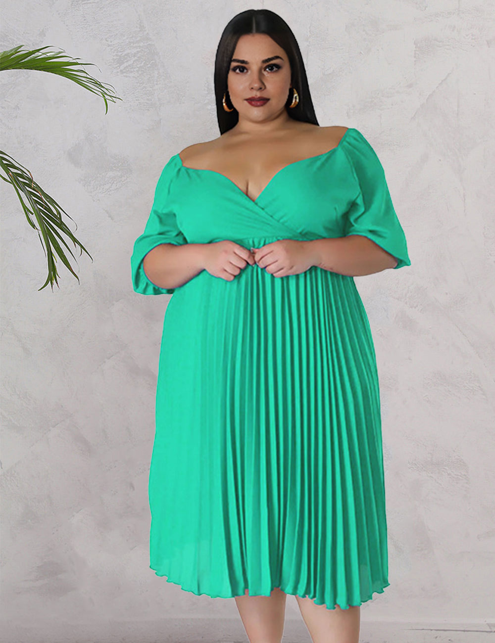 Women Plus Size V Neck Hem Pleated Short Sleeves Dress-3