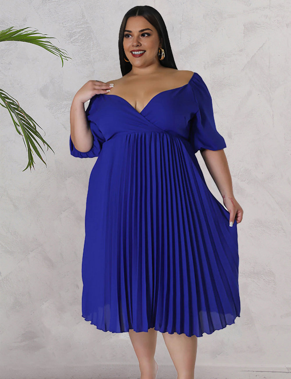 Women Plus Size V Neck Hem Pleated Short Sleeves Dress-5