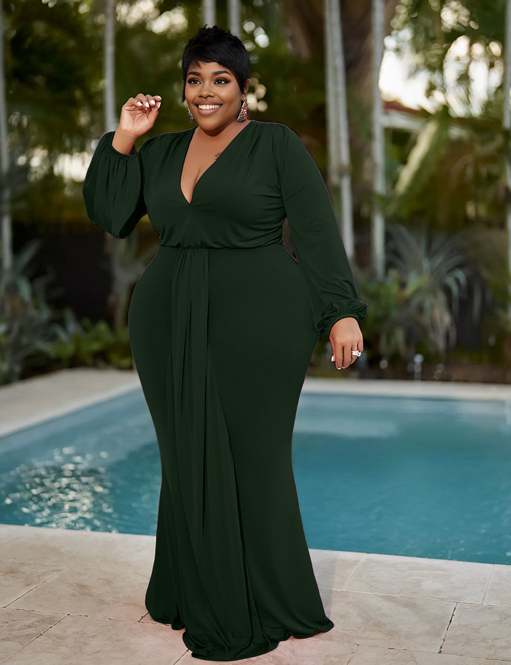 Women Plus Size V Neck Lantern Sleeve Midi Belted Bodycon Dress-3