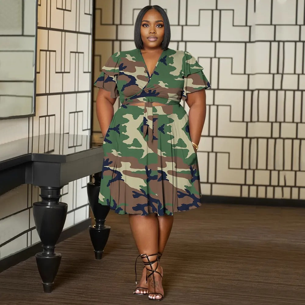 Women Plus Size V Neck Printed Ruffle Sleeve Pocket Dress-5