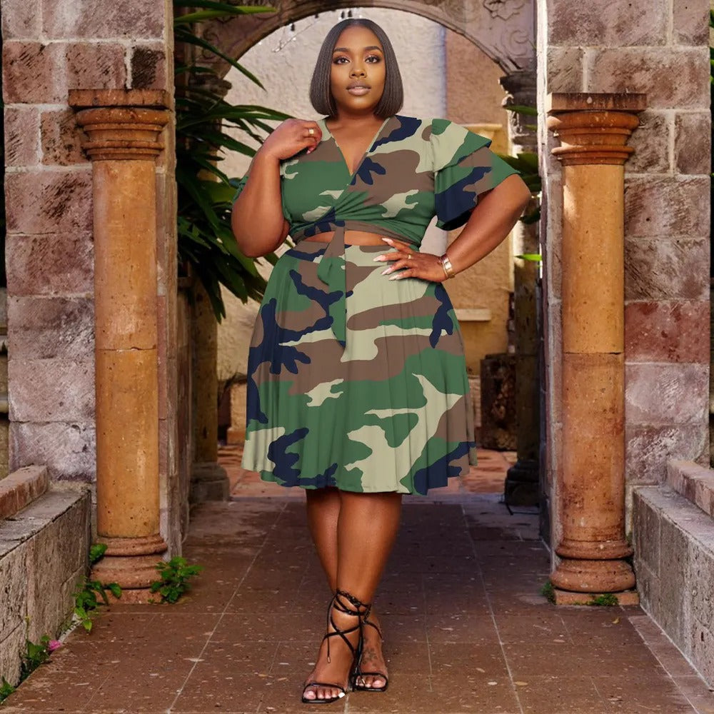 Women Plus Size V Neck Printed Ruffle Sleeve Pocket Dress-6