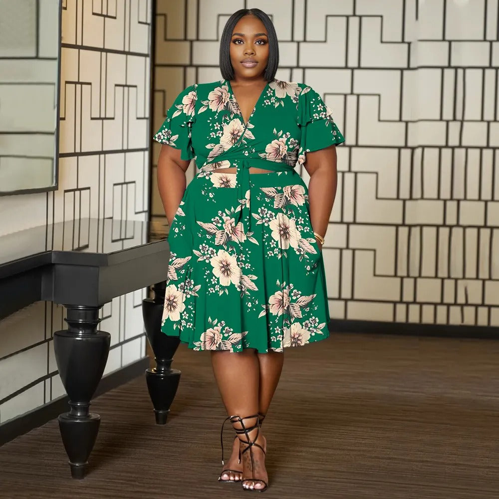 Women Plus Size V Neck Printed Ruffle Sleeve Pocket Dress-9