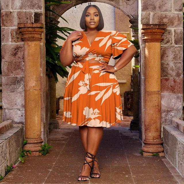 Women Plus Size V Neck Printed Ruffle Sleeve Pocket Dress