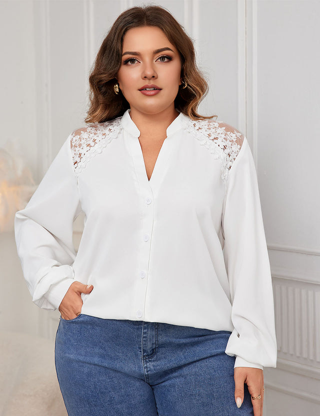 Women_Plus_Size_V_neck_Lace_Stitching_Printing_Shirt_PRUSES_2