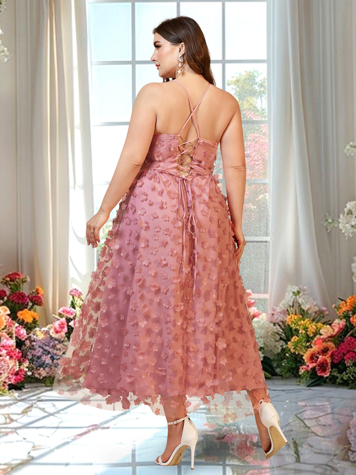 Women Plus Size Vacation Style Mesh Spaghetti Strap Maxi Dress