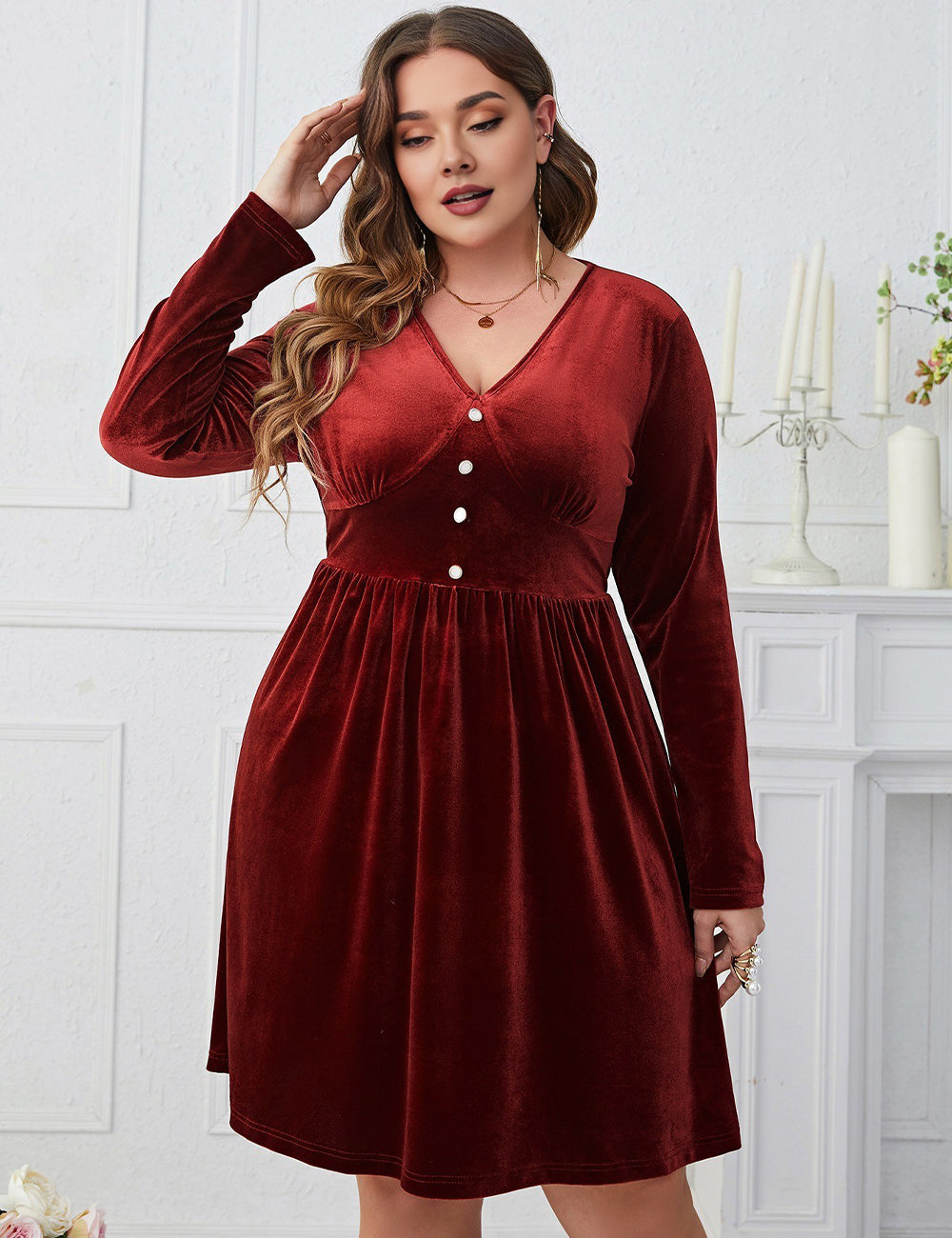 Women Plus Size Velvet Burgundy Buttoned Long Sleeve Midi Dress
