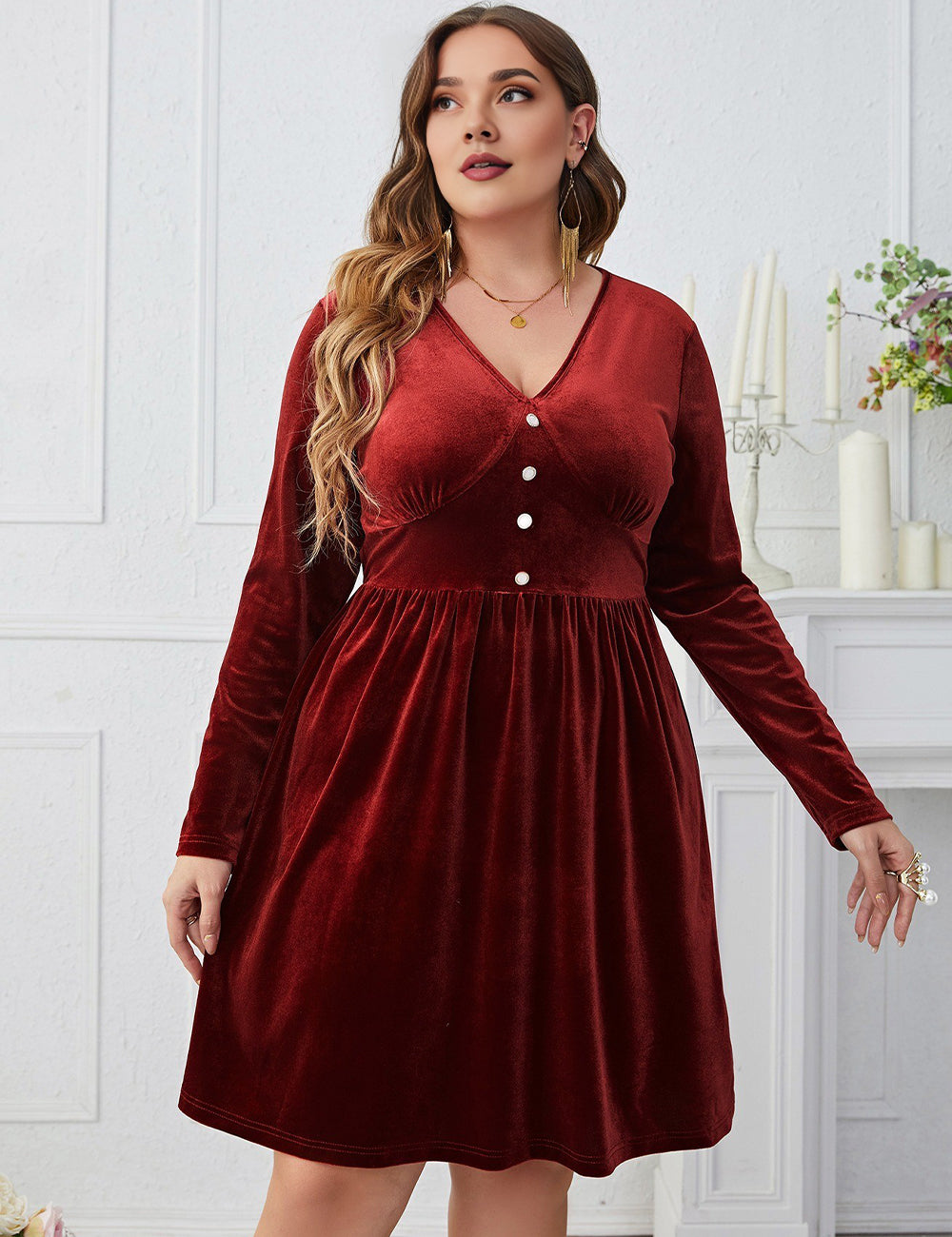 Women Plus Size Velvet Burgundy Buttoned Long Sleeve Midi Dress