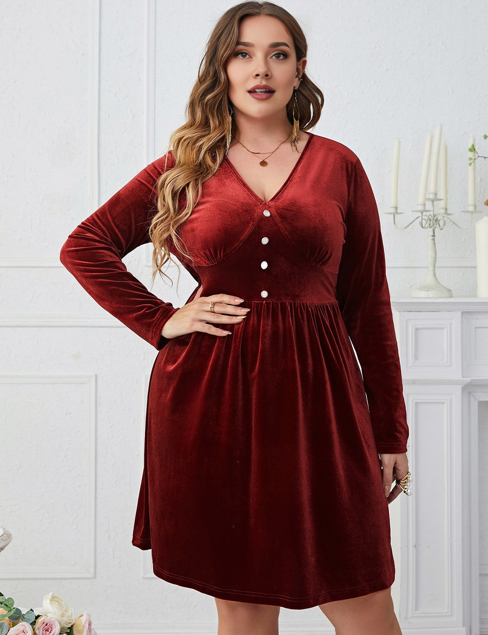 Women Plus Size Velvet Burgundy Buttoned Long Sleeve Midi Dress