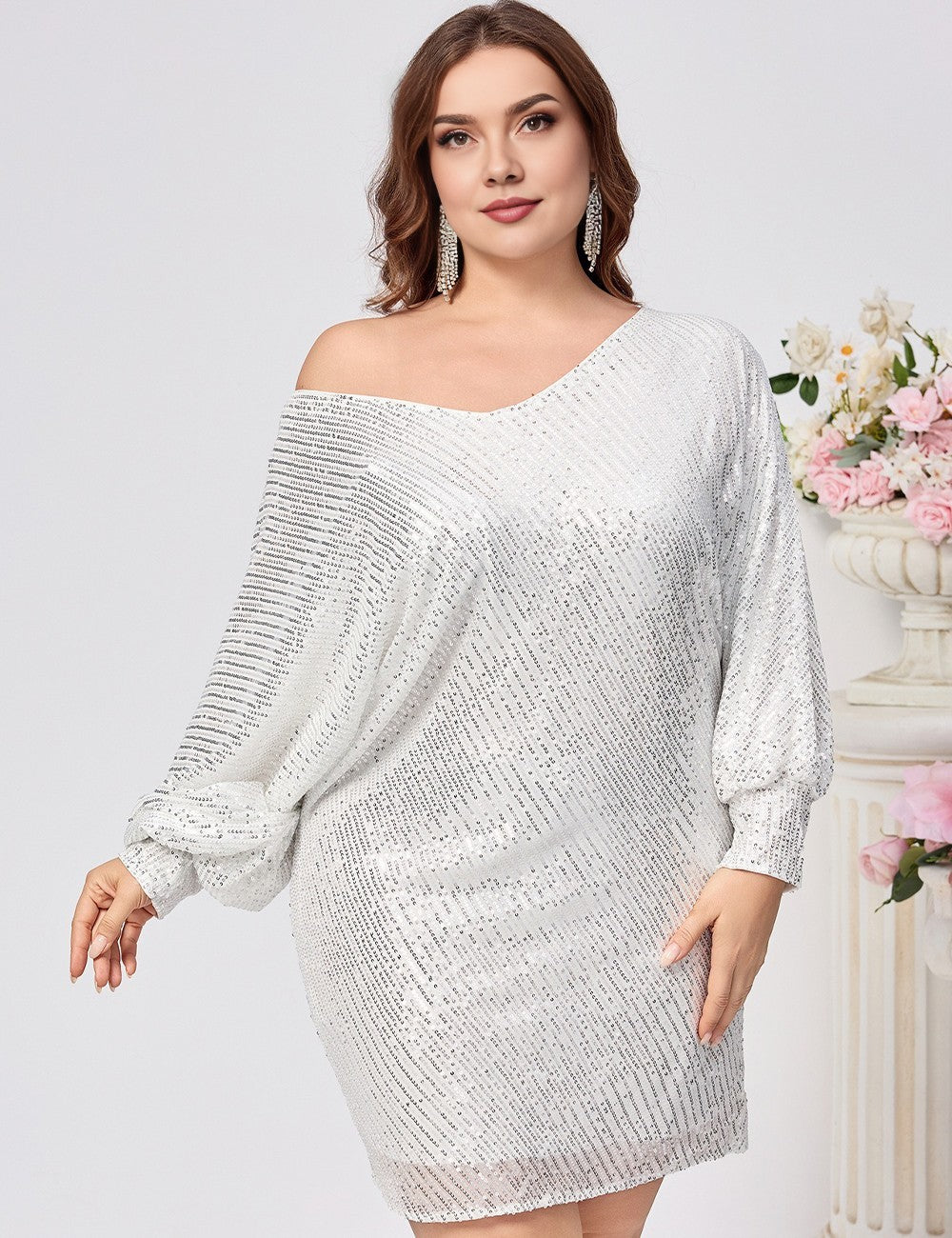 Women Plus Size White One-Shoulder Sequin Batwing Party Dress