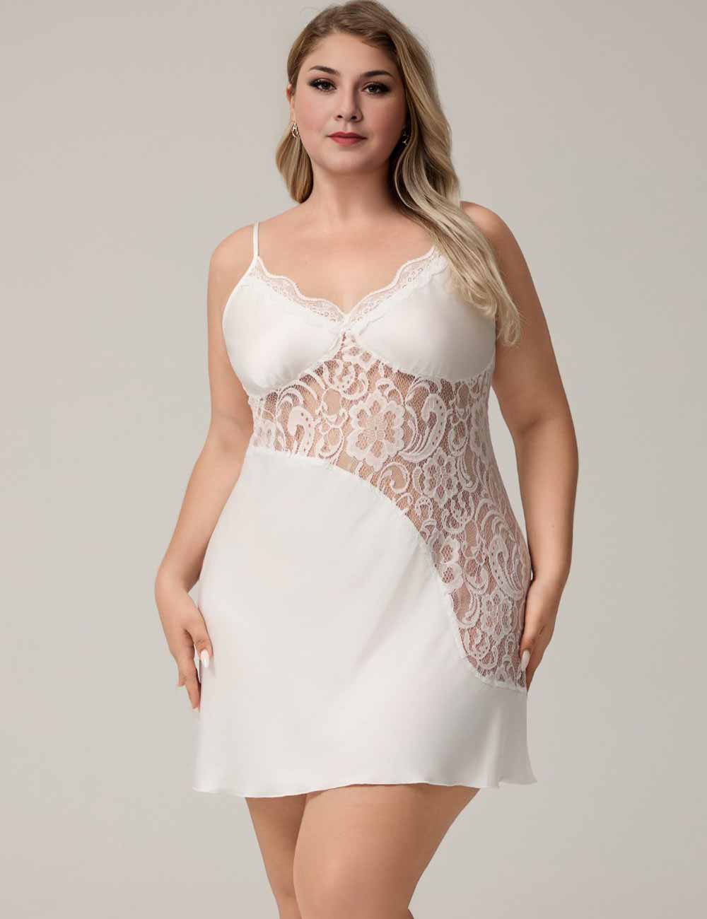 Women Plus Size White Satin Lace Panel Slip Nightgown
