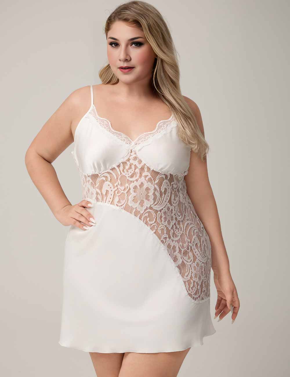Women Plus Size White Satin Lace Slip Nightgown