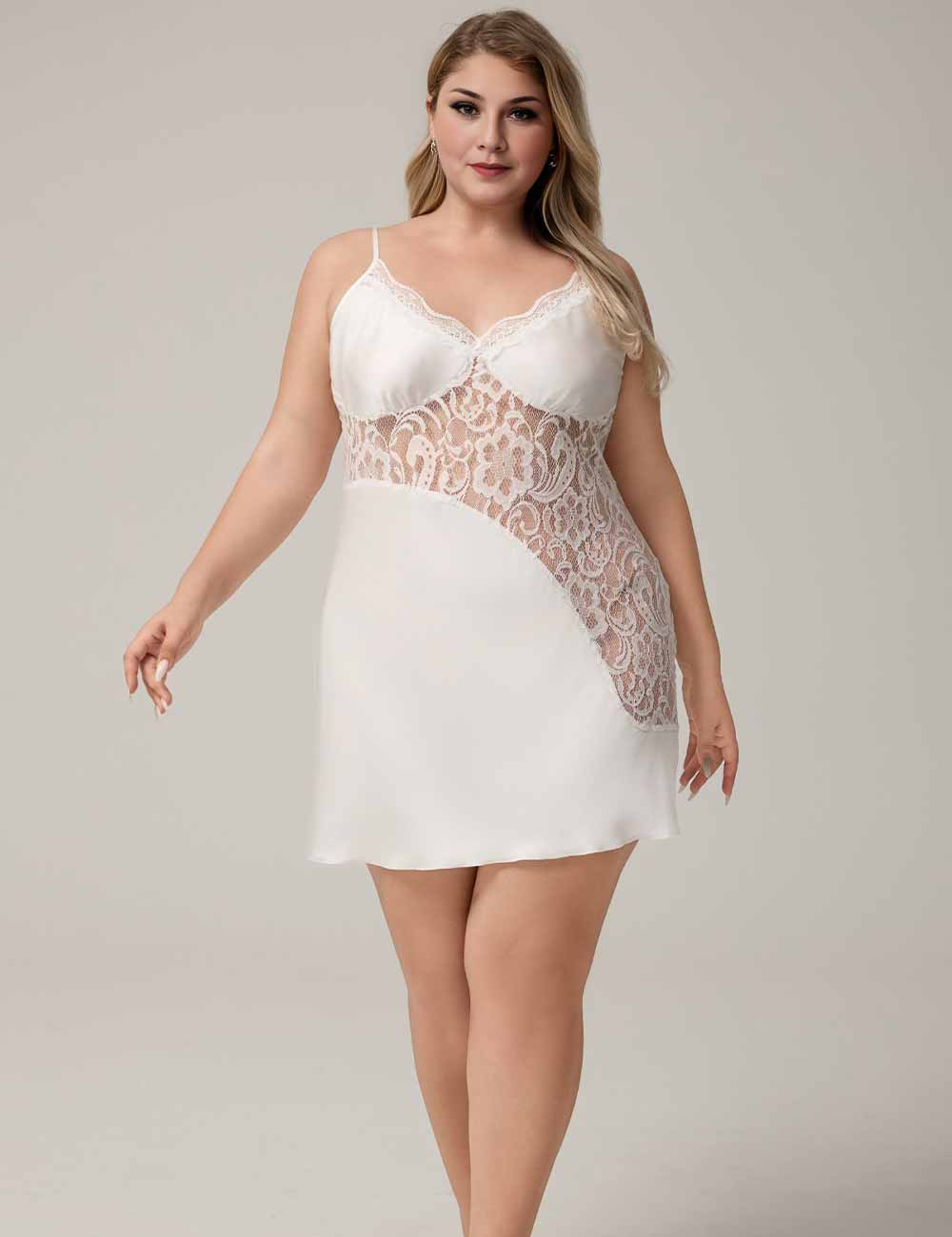 Women Plus Size White Satin Lace short Nightgown