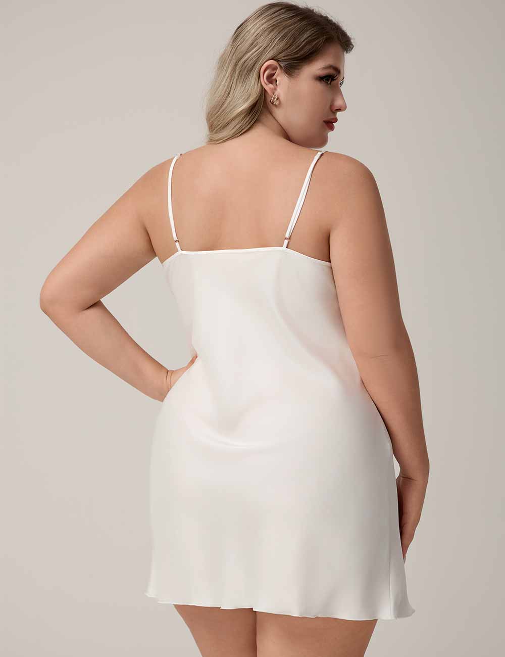 Women Plus Size White Satin Lace Panel Slip Nightgown back view