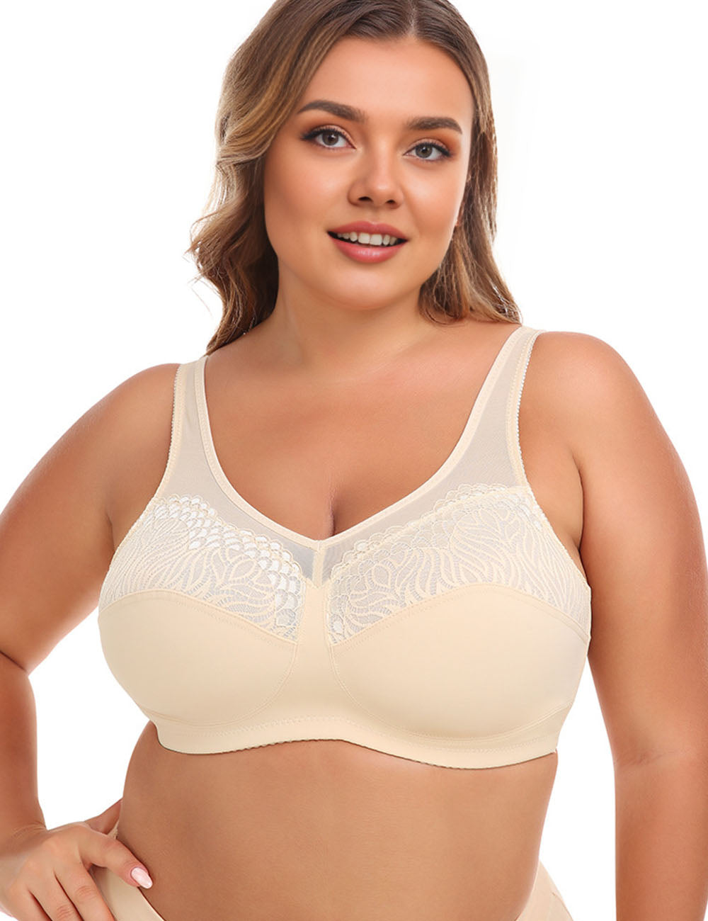 Women Plus Size Wire Free Lace Large Cup Thin Bra | PRUSES