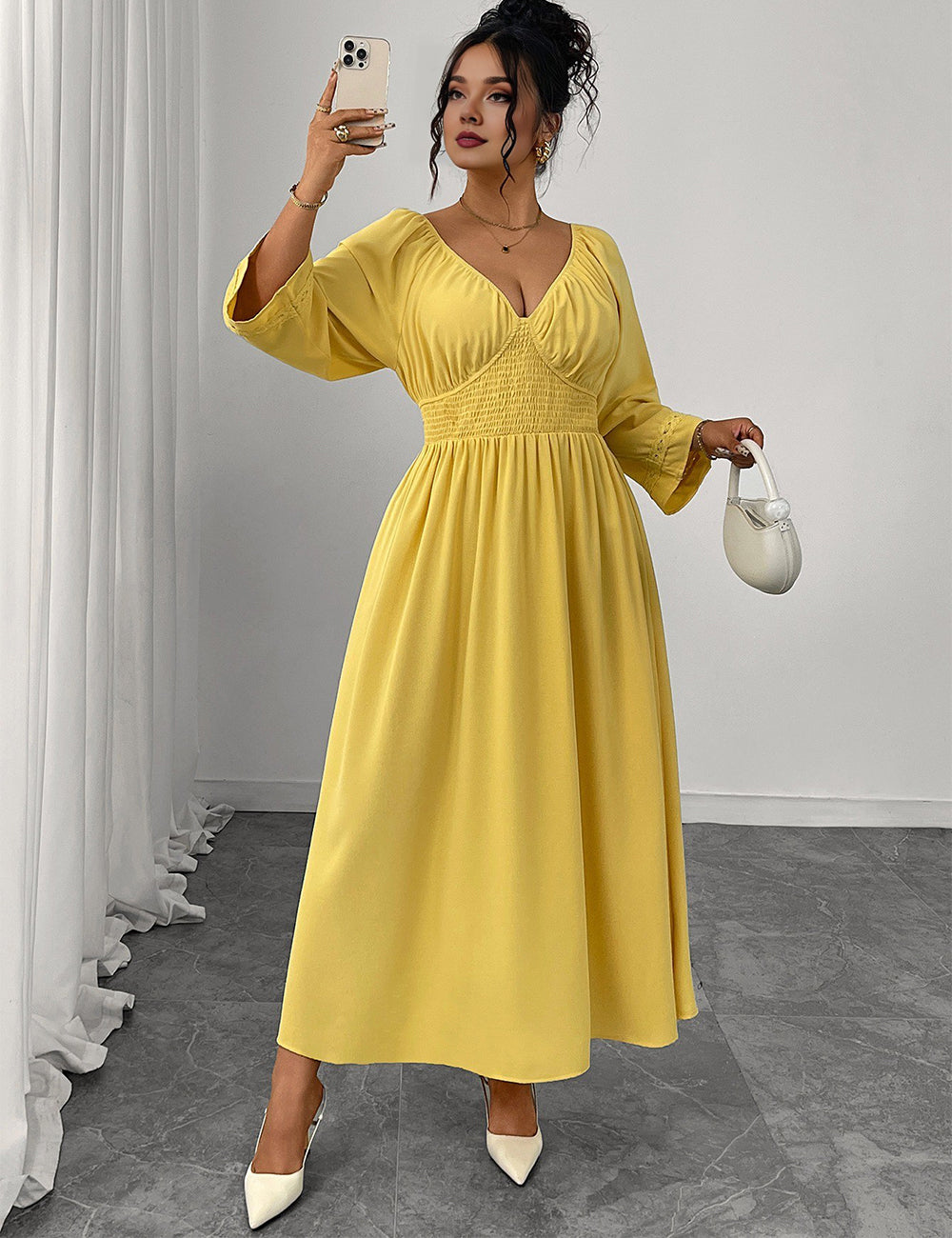 Women Plus Size Yellow Pleated A-Line Dress