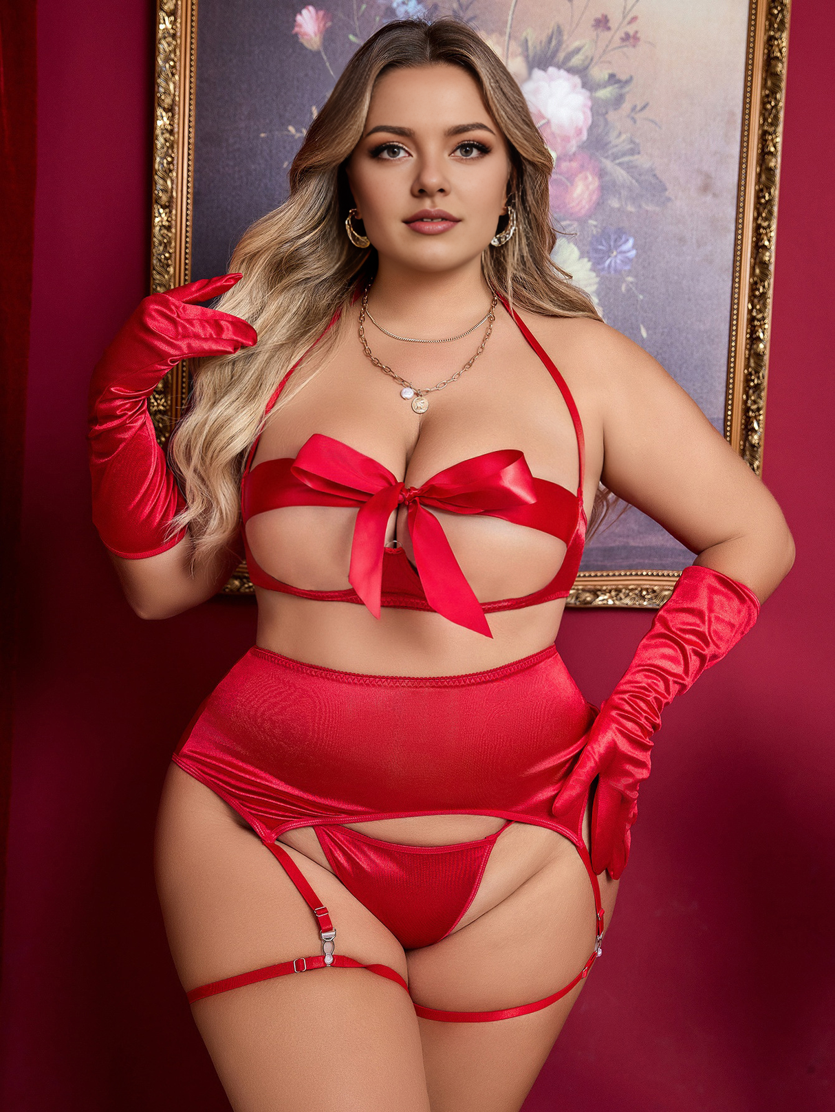 Women Plus size Sexy Temptation Garter Hollow Sexy Lingerie Four-piece Set-2