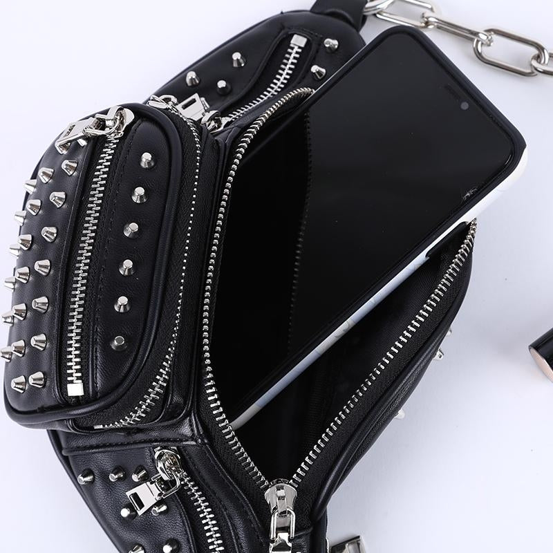 Women's Black Leather Studded Belt Bags Fanny Pack Rock Waist Bags| PRUSES-1