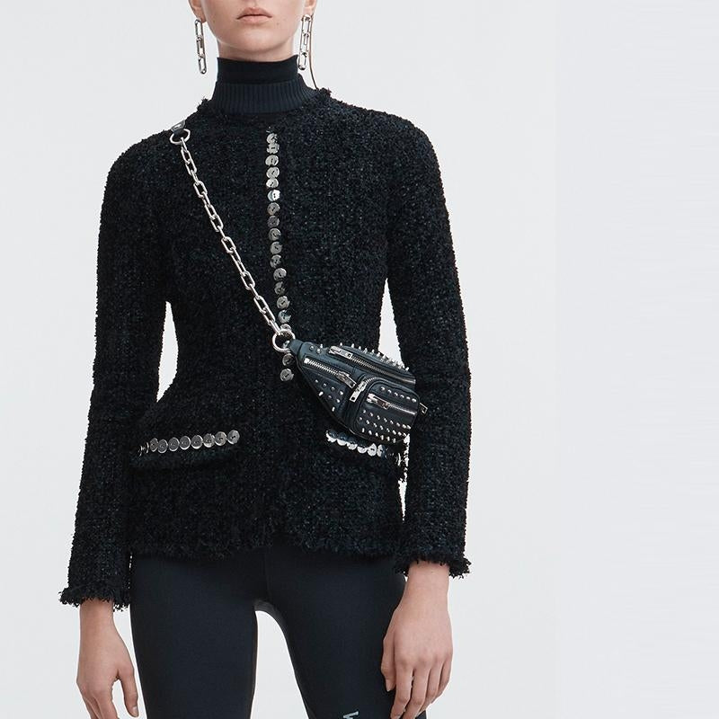 Women's Black Leather Studded Belt Bags Fanny Pack Rock Waist Bags| PRUSES-2