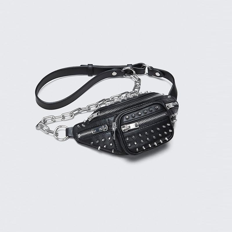 Women's Black Leather Studded Belt Bags Fanny Pack Rock Waist Bags| PRUSES