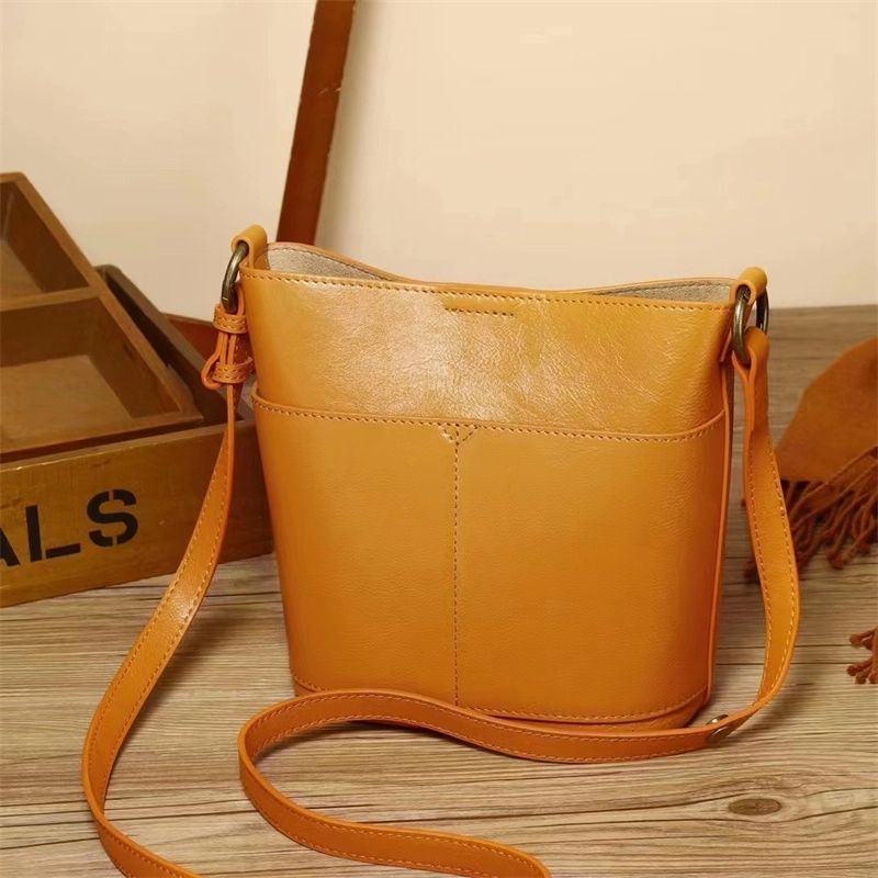 Women's Brown Retro Leather Shoulder Mini Bucket Bags-2