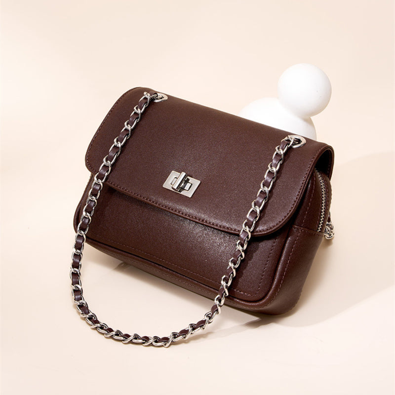 Women's Coffee Leather Flap Chain Shoulder Bag| PRUSES-2