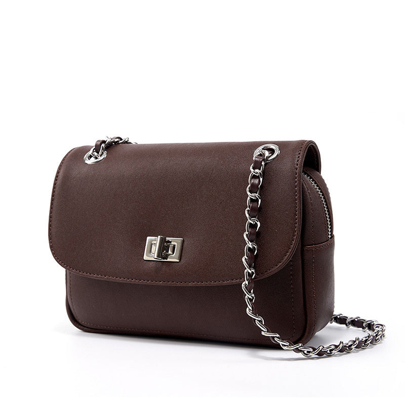 Women's Coffee Leather Flap Chain Shoulder Bag| PRUSES
