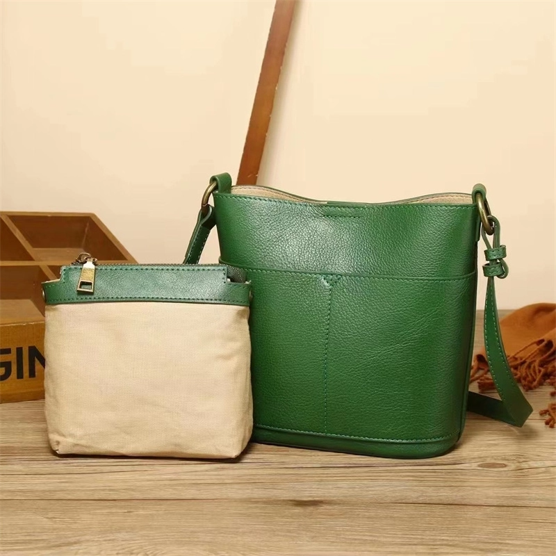 Women's Green Retro Leather Shoulder Mini Bucket Bags-2