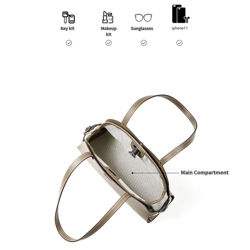 gray handbag with labeled compartments