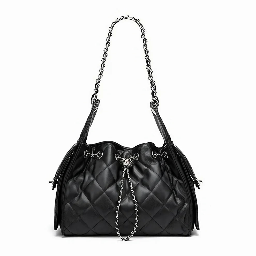 Black Cowhide quilted handbag with chain detail