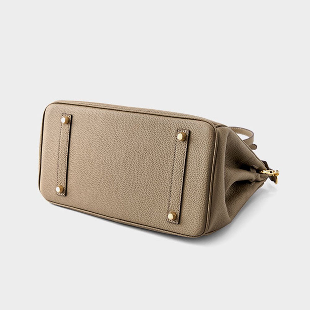 gray Full-Grain Leather Structured Top-Handle Bag bottom