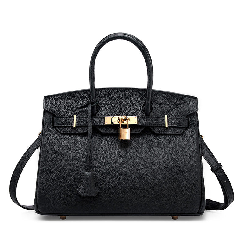 black Full-Grain Leather Structured Top-Handle Bag