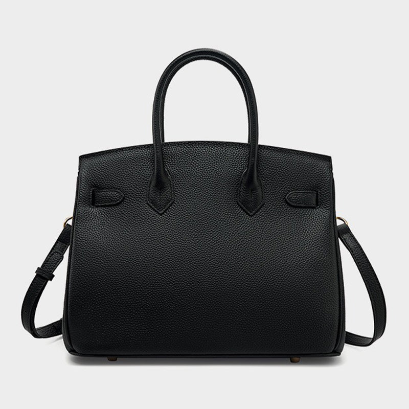 black Full-Grain Leather Structured Top-Handle Bag back view