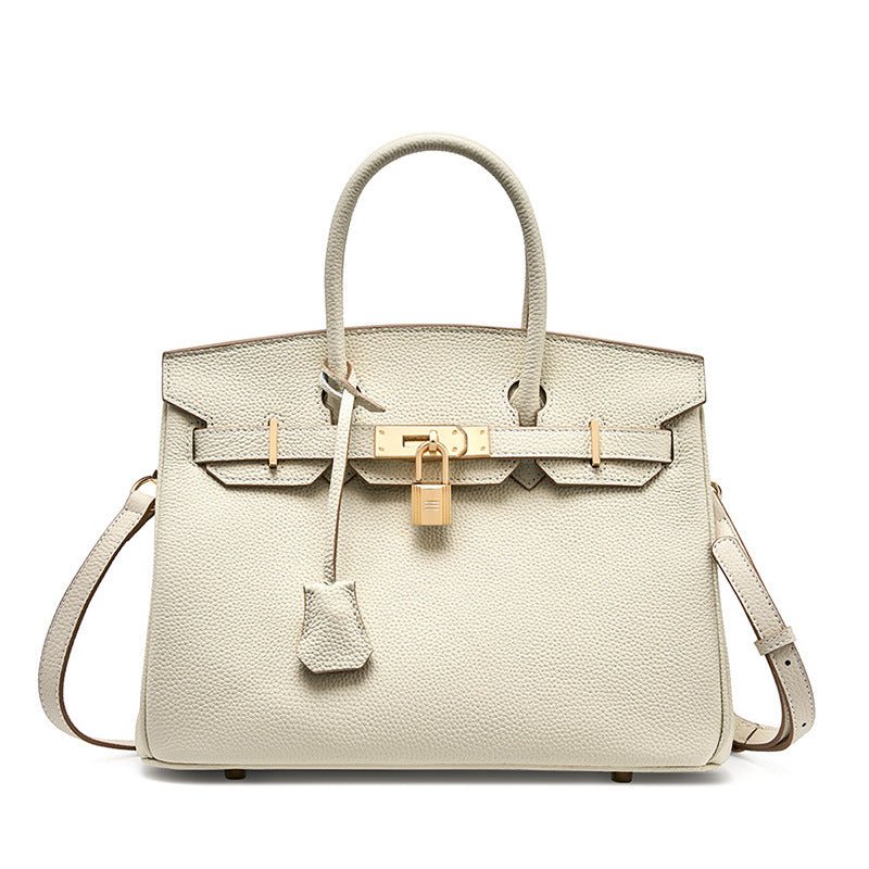 creamy white Full-Grain Leather Structured Top-Handle Bag