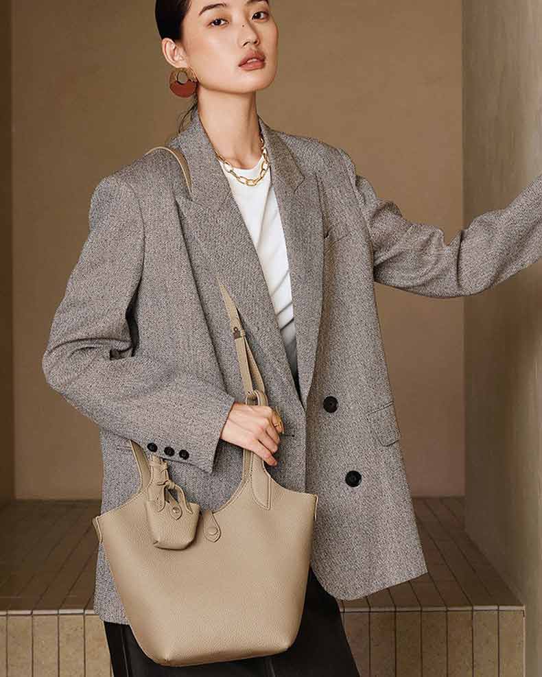 Women's gray Leather Bucket crossbody bag with Mini Pouch