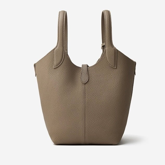 gray Genuine Leather Bucket Bag with Mini Pouch back view