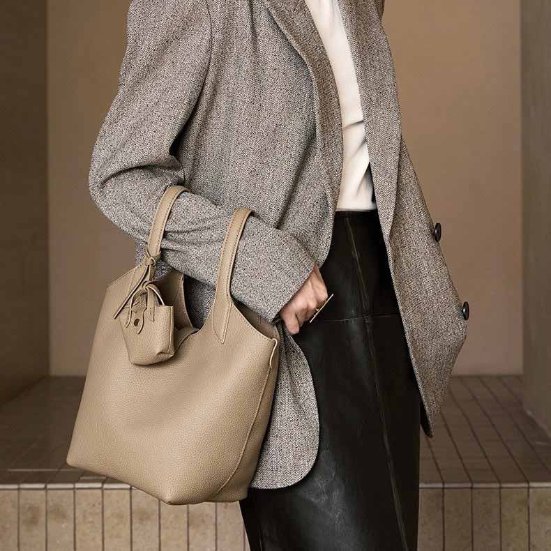 Women's gray Genuine Leather Bucket handag with Mini Pouch