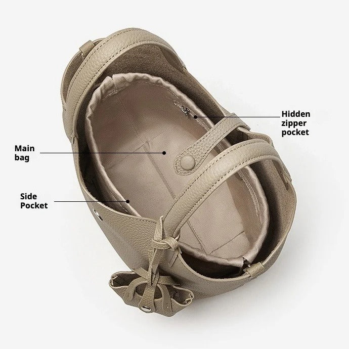 gray Bucket bag with labeled features