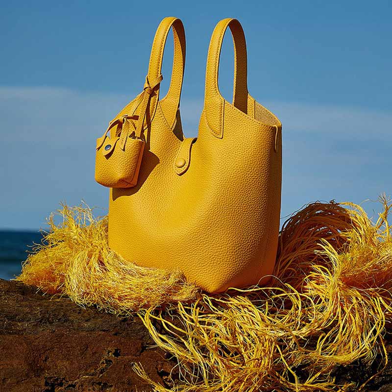 yellow Leather Bucket bucket handbag with Mini Pouch