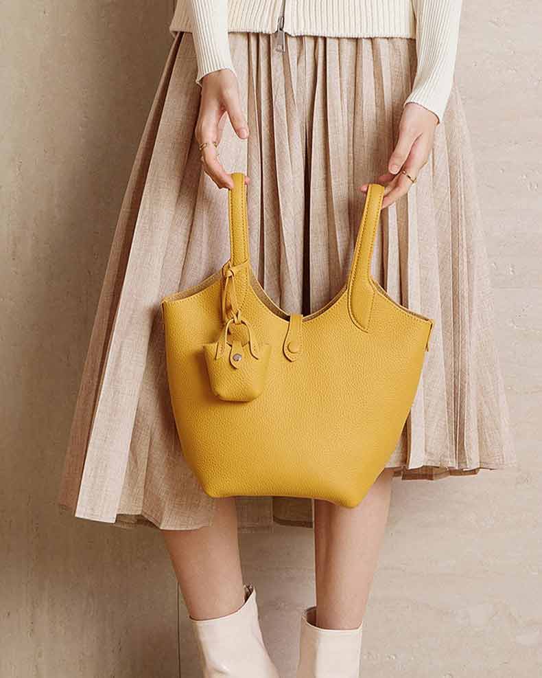 Women's yellow Genuine Leather Bucket Bag with Mini Pouch